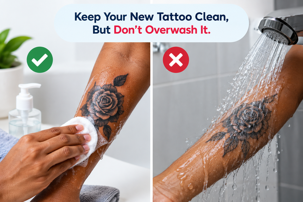 Image showing how to Keep Your New Tattoo Clean, But Don't Over wash It, one of the 7 Tips for Proper Healing of Your New Tattoo